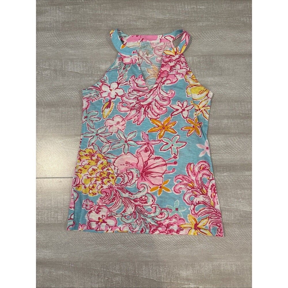 Lilly Pulitzer Blue Pink Floral Sleeveless Top Summer Beach Resortwear XS